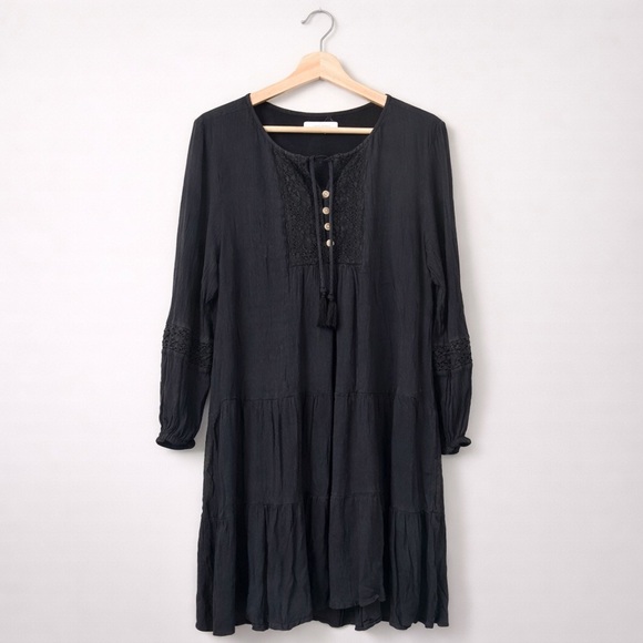 Lucky Brand Tiered Tunic Dress Black Tassel Tie V-Neck Size Large - Picture 5 of 15